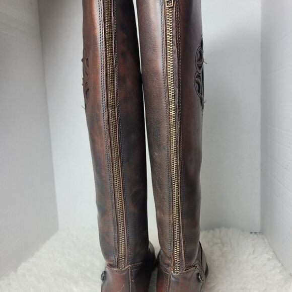 Frye Lindsay Womens Boots Size 8.5 Logo Embroidered Brown Riding Back Side Zip - Picture 6 of 11